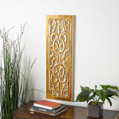 Deco 79 Wooden Floral Handmade Home Wall Decor Intricately Carved Arabesque Wall Sculpture, Wall Art 12" x 1" x 36", Gold