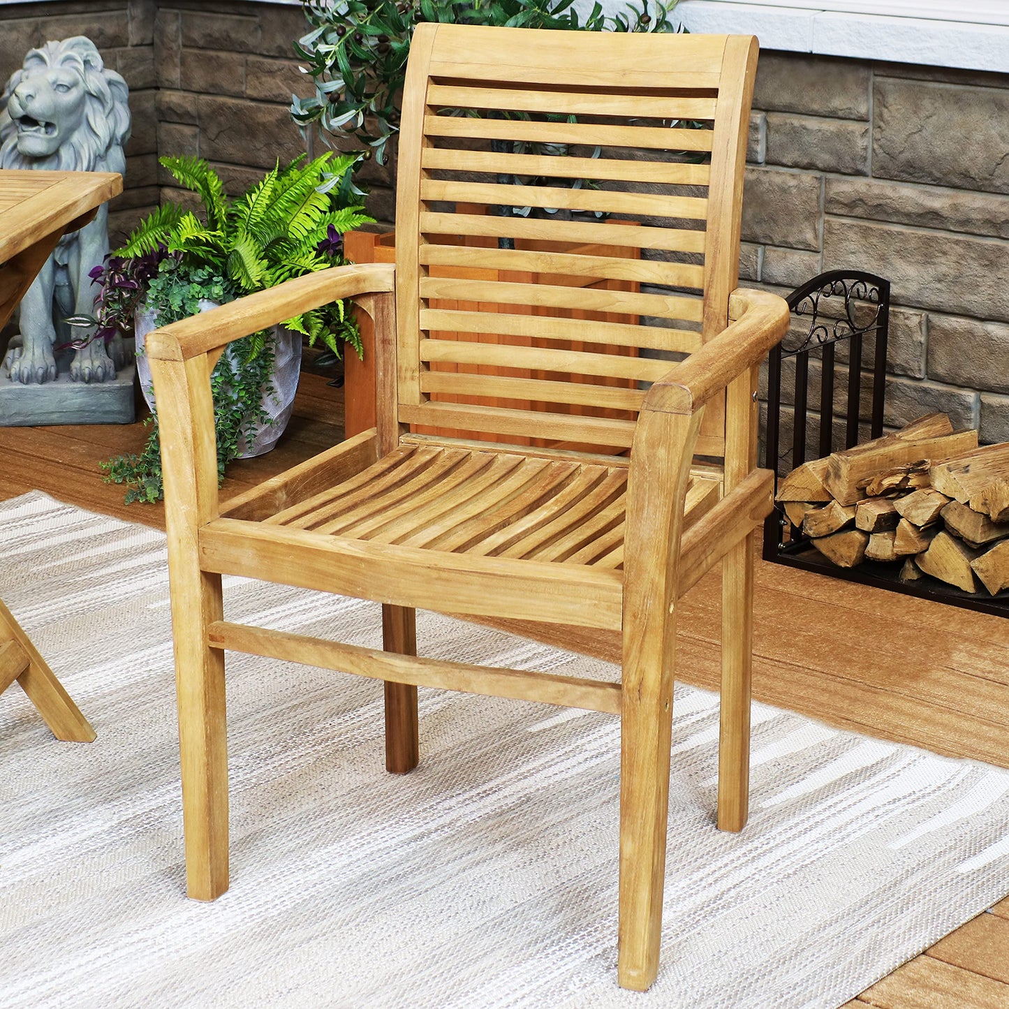 Sunnydaze Solid Teak Outdoor Dining Chair –Durable Wood Slatted Patio Chair with Arms for Backyard, Deck, & Patio - Light Brown Wood Stain Finish