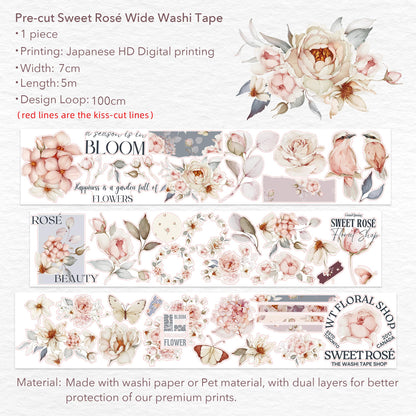 WT Pre-Cut Sweet Rosé Wide Washi Tape, Single Roll, Original Designs, Dreamy Rose Motifs & Subtle Handwritten Accents, Decorative Japanese Paper Tape for Journaling, Scrapbooking, Planner, DIY Crafts