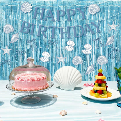 Epakh 39 Pcs Coastal Blue Bow Starfish Seashell Party Decorations Includes 24 Pcs Paper Cards Decor 13 Happy Birthday Banner 2 Foil Fringe Curtain Backdrop for Ocean Photo Prop Party Supplies