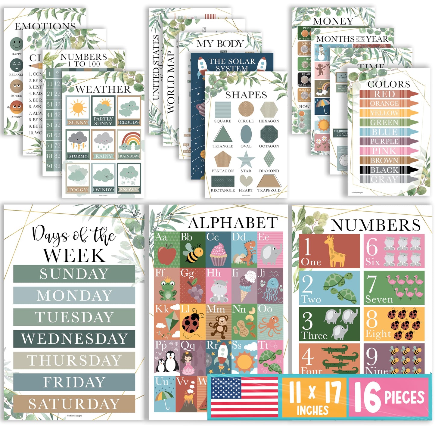 Hadley Designs 16 Educational Posters for Classroom Must Haves - Laminated Pre-K Posters for Toddler Homeschool Essentials, Toddler & Preschool Learning Activities, Kindergarten Classroom Decor