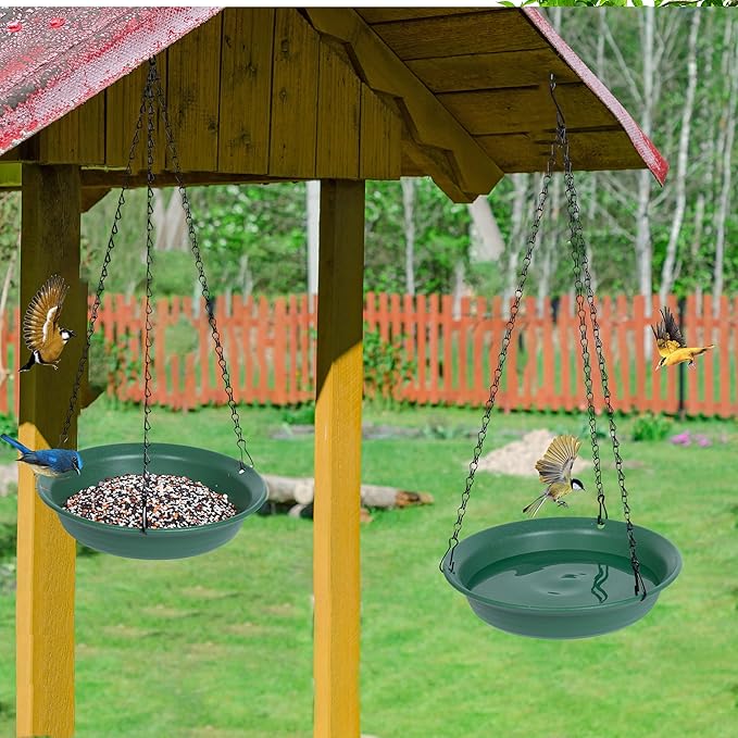 VUWEZ Hanging Bird Feeder & BirdBath for Outdoors, Wild Bird Feeders Tray, Hanging Birdbaths Trays for Outside, Cardinal, Blue Jay, Crow, Birdfeeders Outside (12", 1 Pcs with Hole & 1 Pcs No Hole)