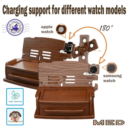 MED Wood Phone Docking Station for Men with Drawer — Nightstand & Desk Organizer for Husband & Dad — Key Holder, Wallet Stand, Watch Holder (Dark Walnut)