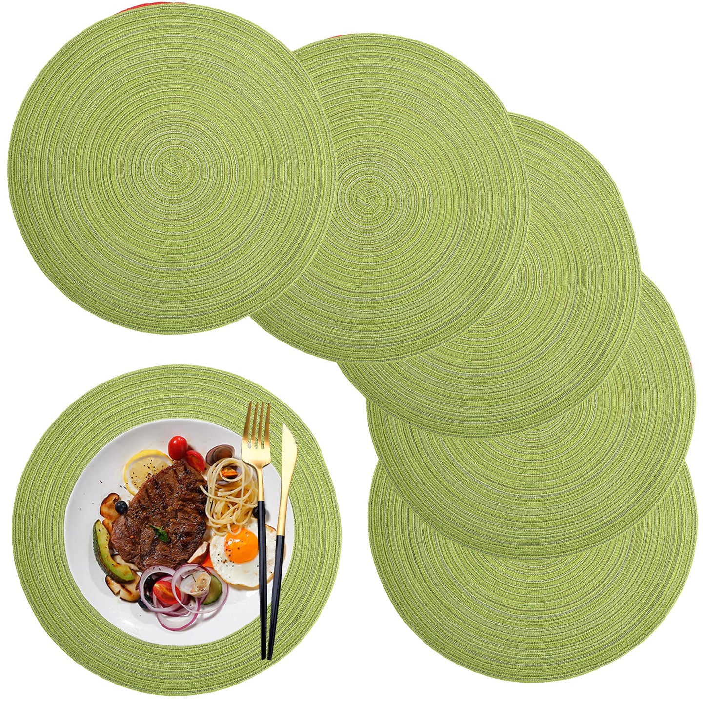 Placemats,Table Mats,Round Placemats Set of 6,Washable Easy Clean Heat-Resistant Non-Slip for Kitchen Table(Green)