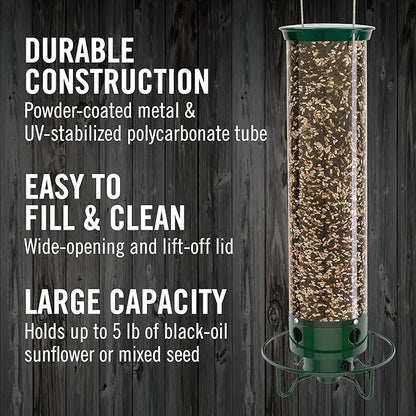 Droll Yankees Squirrel Proof Bird Feeder for Outdoors – Rechargeable Weight-Activated Rotating Perch, 5lb Seed Capacity, Metal Base, UV-Stabilized Seed Tube, Hanging Green Yankee Flipper, YF-M