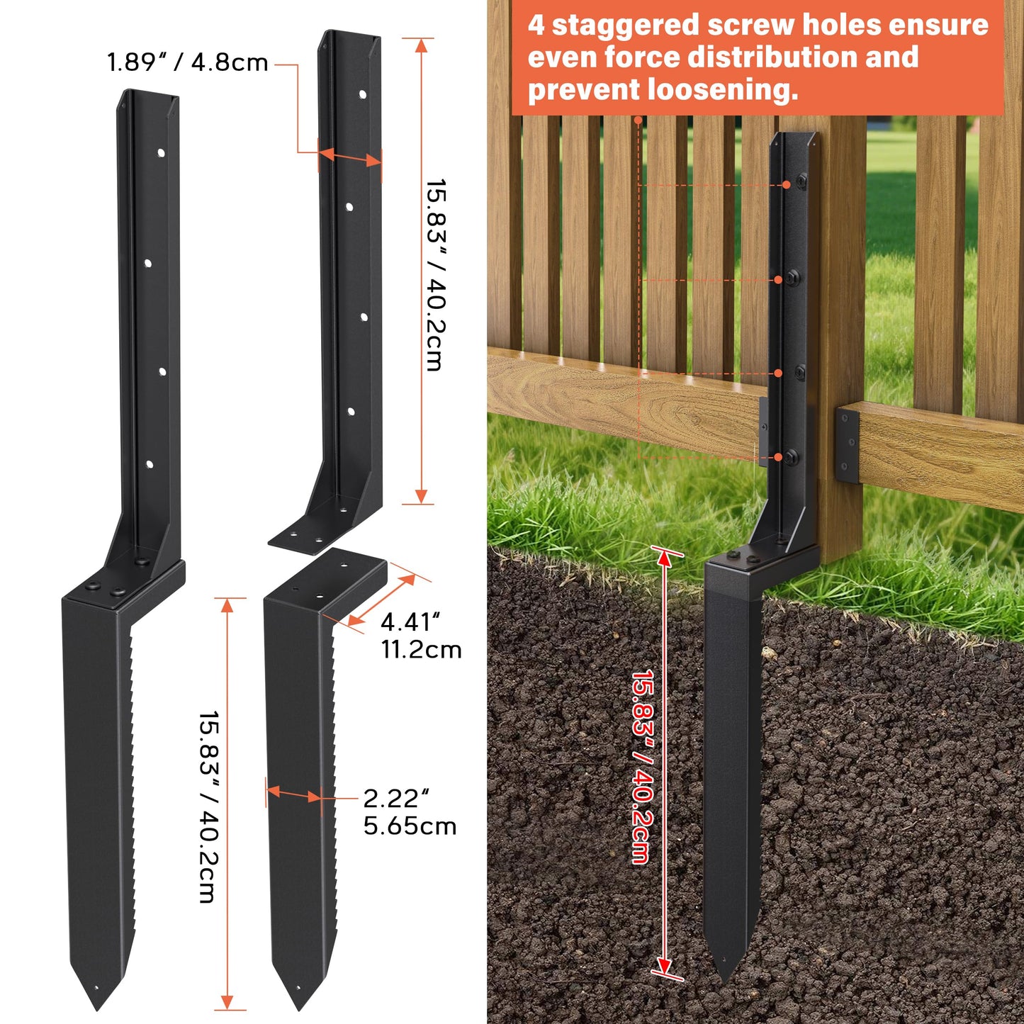 Fence Post Repair Kit 2 Pack, Heavy Duty Fence Post Anchor for Wooden Post, Repair Tilted,Fix Broken Wood Support, Steel Ground Spike Fencing Stakes (Black)