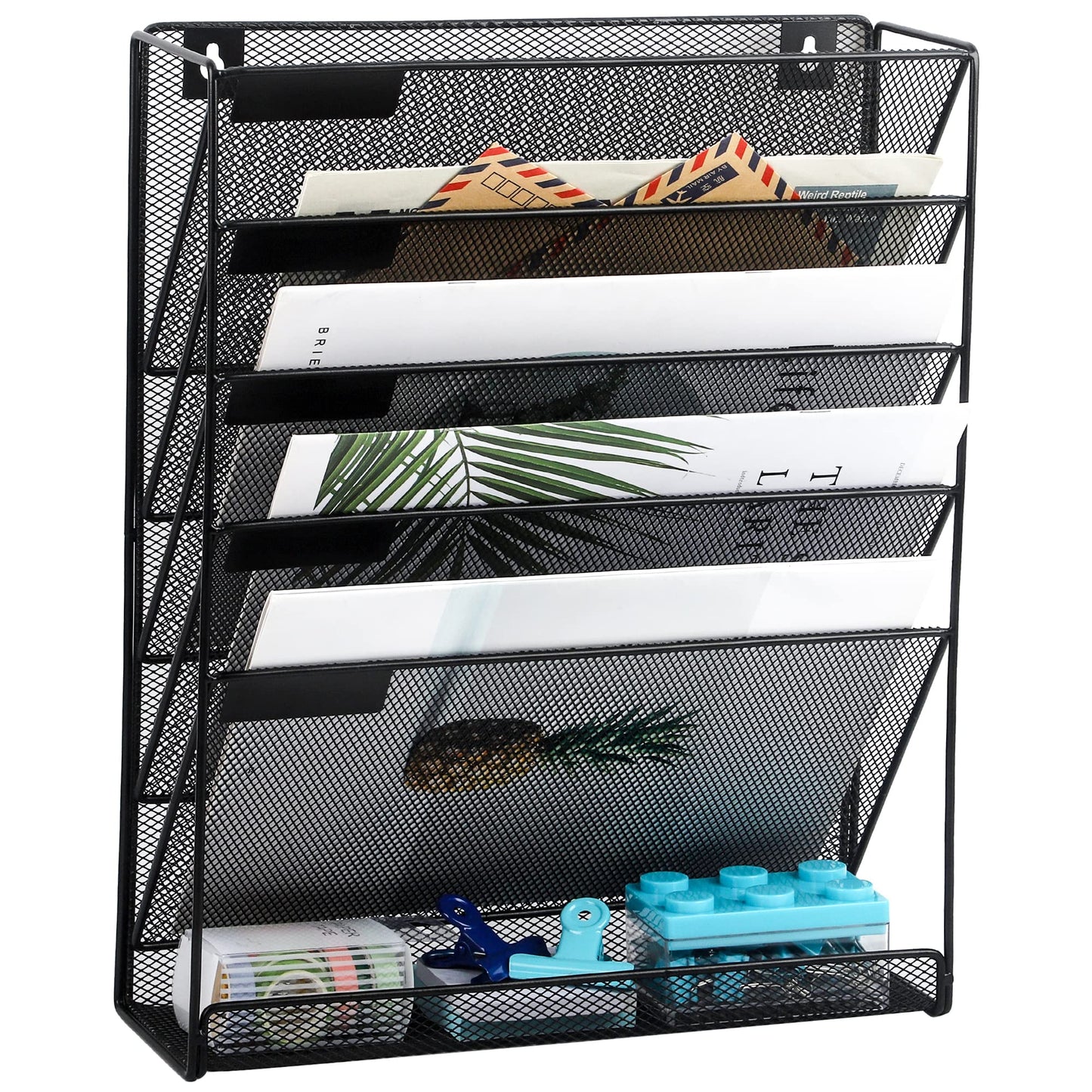 EASEPRES Desk File Organizer Mesh 6-Tier, Hanging Wall Mount Document Organization Stand, Desktop Vertical Mail Paper Folder Holder Rack with Bottom Tray for Office Home Cubicle Countertop, Black