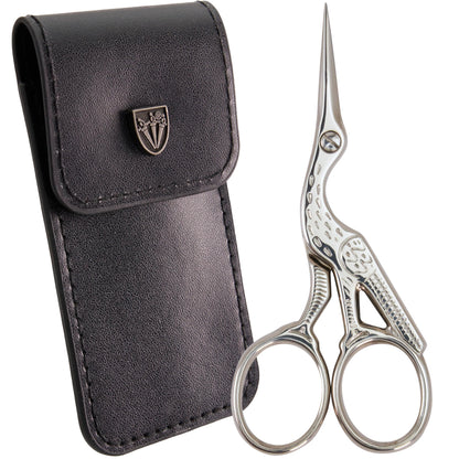 3 Swords Germany - Embroidery Scissors, Stork Scissors Shears for Art Work, Daily Use in Household, Sewing, crocheting, Art Work, Craft, needle work with black Synthetic Leather case