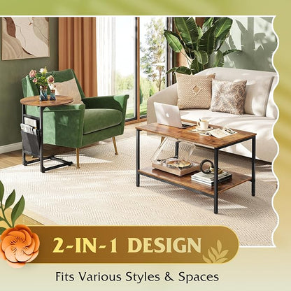 WLIVE Coffee Table, Small Coffee Tables for Living Room, Modern Center Table and Side Table Set with Storage Side Pouch for Bedroom, Apartment, Rustic Brown