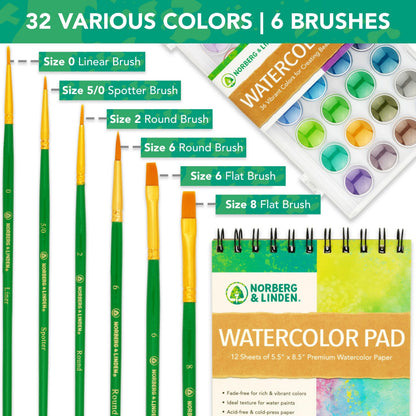 Norberg & Linden Watercolor Paint Set - 36 Premium Paints - 12 Page Pad - 6 Brushes - Painting Supplies with Palette, Watercolors, Art Pad Paper and Artist Brushes
