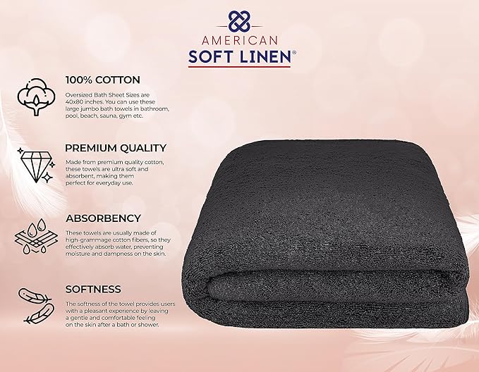 American Soft Linen 100% Cotton 600 GSM Turkish 40x80 Oversized Bath Towel Sheet