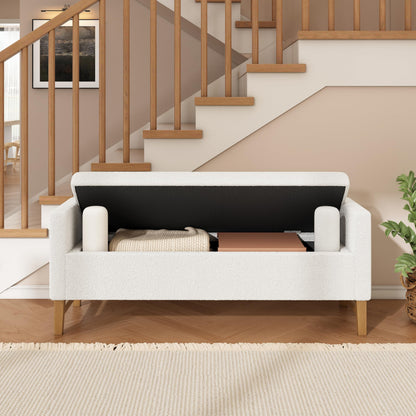 Christopher Knight Home Namo Boucle Upholstered Ottoman with Storage, Wooden Storage Ottoman Bench with Pillows, Long Entryway Ottoman Foot Rest, Bedroom End of Bed Foot Stools Ottoman, Natural+Ivory