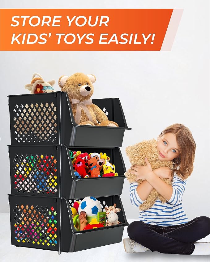 XLarge Stackable Storage Bins Open Front for Pantry Storage, 3 Pack - Black | Sturdy Plastic, Easy Stacking, Open Front Access, Ventilated Sides, Vertical & Space Saving Pantry Organizers and Storage Bin