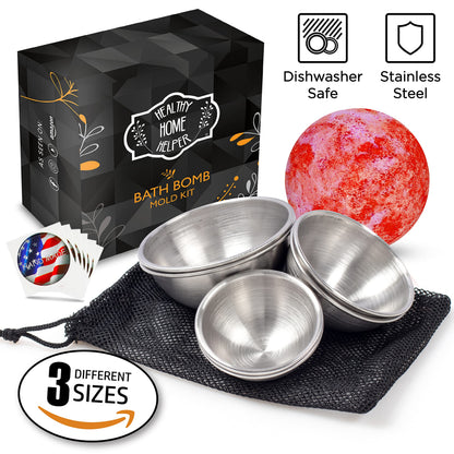 Stainless Steel Bath Bomb Molding Set-3 Metal Round Bath Bomb Molds (6 Half Spheres)- DIY Professional Molds for Fizzy Bombs: Instructional Pamphlet, E-Book & Mesh Storage Bag- Starter Kit