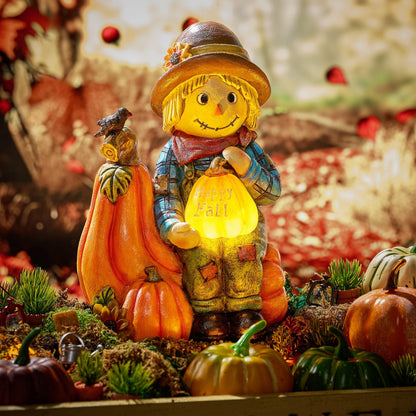 TERESA'S COLLECTIONS Fall Decor, Scarecrow Decor, Autumn Scarecrow Holding Pumpkin with Solar Lights, Waterproof Resin Outdoor Fall Decor, Fall Gifts Outdoor/Indoor,6.3"