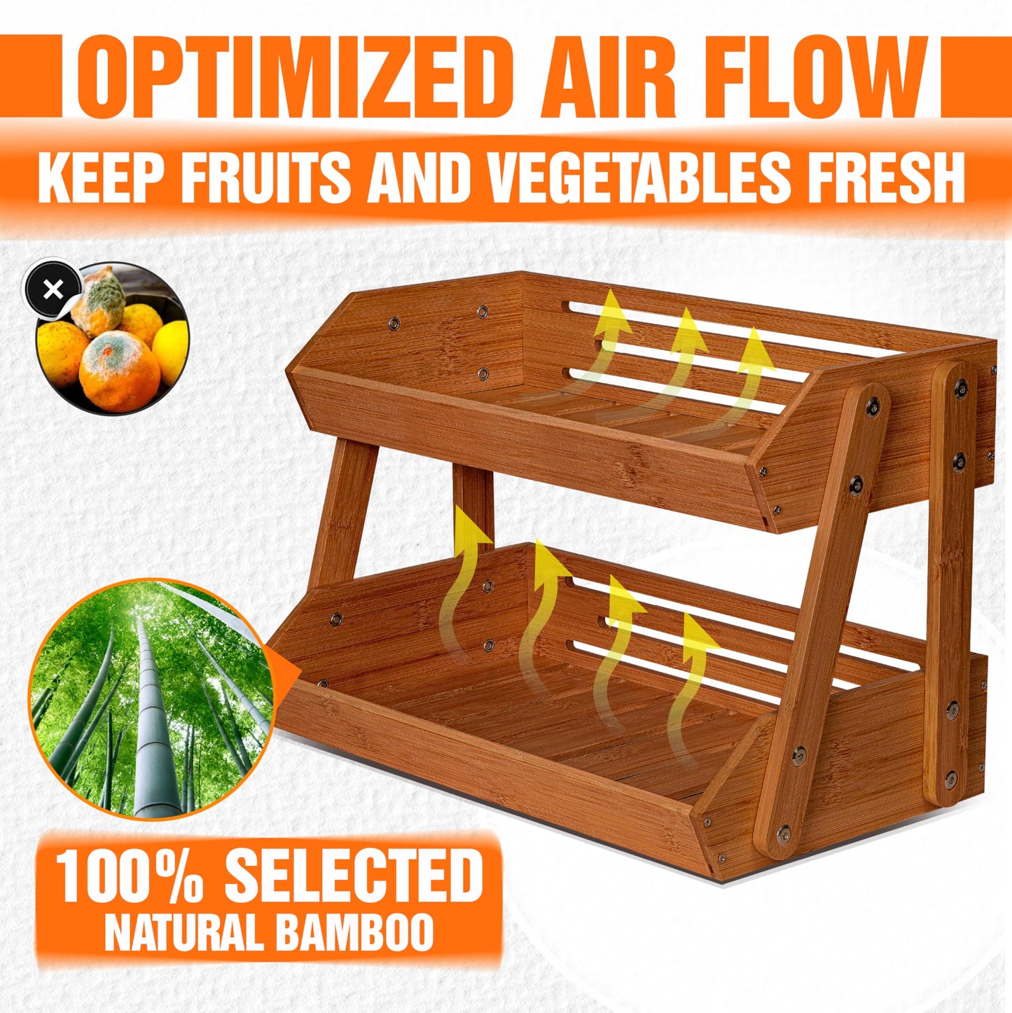 [Upgraded Length] 16.5-Inch Fruit Stand Storage Holder with 4 Sturdier Legs, 2-Tier Fruit Basket , Bamboo Fruit Bowl Holder for Fruit,Vegetables, Snacks, Home Kitchen Countertop Organizer (Walnut)