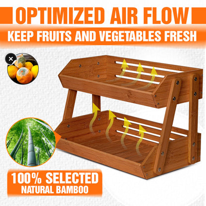 [Upgraded Length] 16.5-Inch Fruit Stand Storage Holder with 4 Sturdier Legs, 2-Tier Fruit Basket , Bamboo Fruit Bowl Holder for Fruit,Vegetables, Snacks, Home Kitchen Countertop Organizer (Walnut)