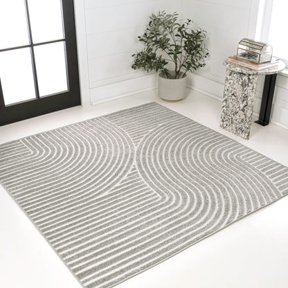 JONATHAN Y Hallie High-Low Curve Gray/Ivory 6x6 Square Indoor/Outdoor Area Rug, Minimalist, Pet Friendly, Non-Shedding, Stain Resistant, Hose-Washable for Backyard, Patio, Porch (SCN100A-6SQ)