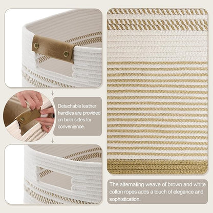 85L Tall Laundry Hamper with Handles for Living Room Storage, Extra Large Woven Rope Baskets Bin for Blanket, Kids Toy, Gifts, Wicker Hamper for Bedroom Dirty Clothes, 17"x14"x22" Khaki
