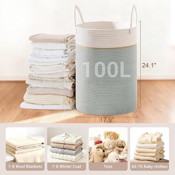 Tall Laundry Basket with Handles, 100L Portable Dirty Clothes Hamper, Boho