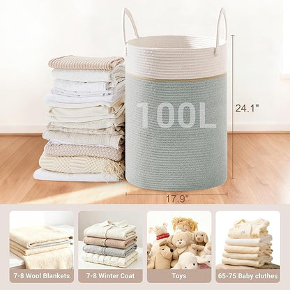 Tall Laundry Basket with Handles, 100L Portable Dirty Clothes Hamper, Boho