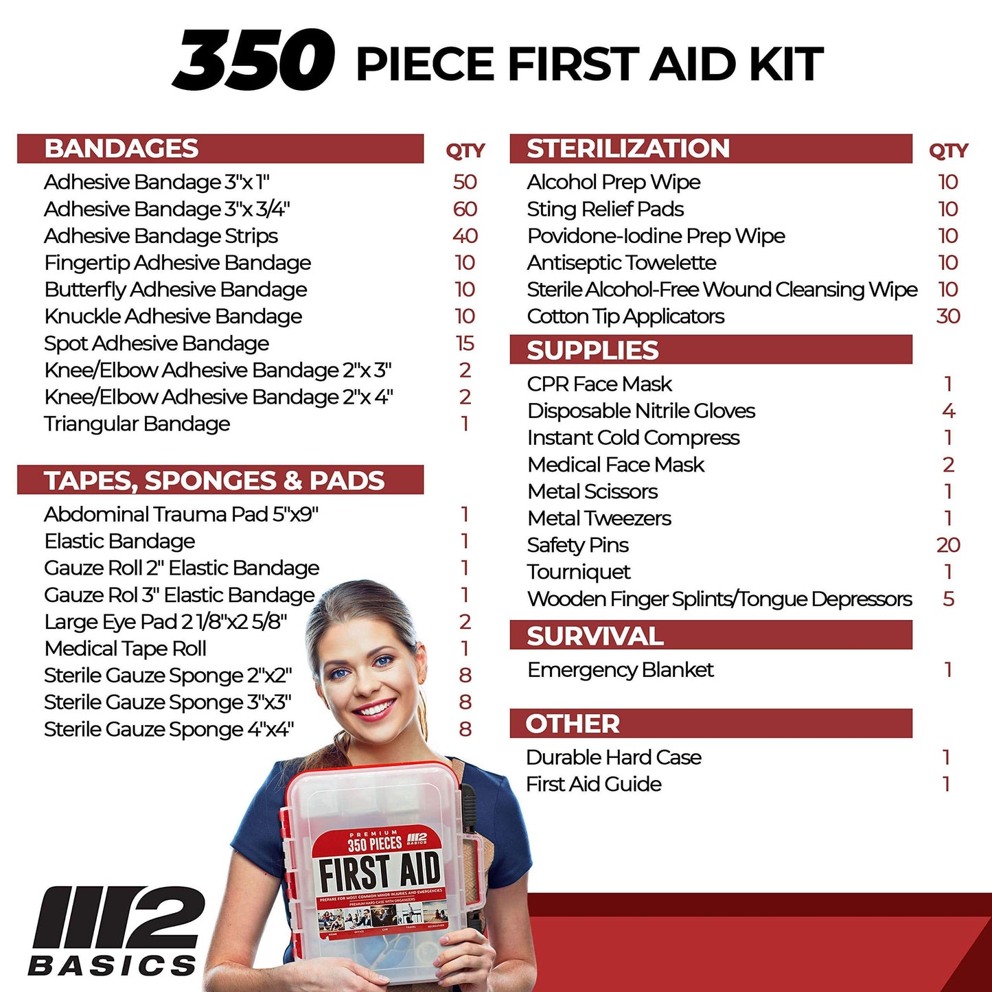 M2 BASICS Professional 350 Piece First Aid Kit | Business, Home, Car | Hard Case, Dual Layer, Wall Mountable | Emergency Kit, Emergency Medical Kit