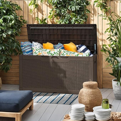 Flamaker Outdoor Storage Box 100 Gallon Waterproof Resin Deck Box Delivery with Air Rod Indoor Outdoor Lockable Storage Bench for Patio Cushions, Tools, Pool Accessories (Deep Brown)