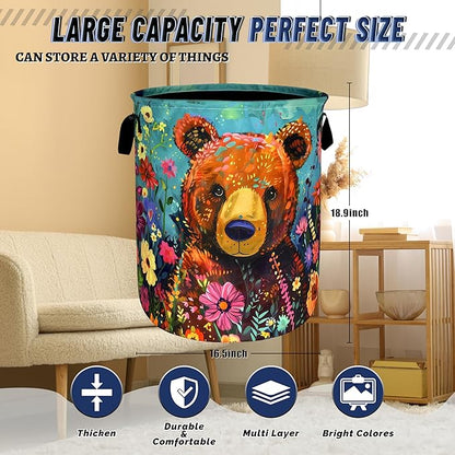 Bear Laundry Basket Oxford Cloth Foldable Colored Animal Flowers Laundry Hamper