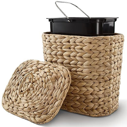Tidita 1.5 Gallon Wicker Wastebasket with Lid, Woven from Water Hyacinth | Hyacinth Construction, Woven Design, Removable Plastic Liner Included, Removable Lid, Iron Frame, Odor Proof, Versatile Use