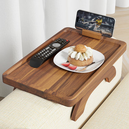 BLUEWEST Sofa Armrest Tray,15.4''x9.8'' Acacia Wood Couch Arm Clip on Tray Table with 360° Rotating Phone Holder Fits Most Couch Arm Sizes–Non-Slip, Arm Table for TV Dinners, Remote, Drinks & Snacks