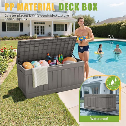 Greesum Outdoor Storage Box 82 Gallon Storage Bin with Lid for Patio Furniture, Garden Tools, Pool Supplies, Waterproof and UV Resistant, Lockable, Coffee