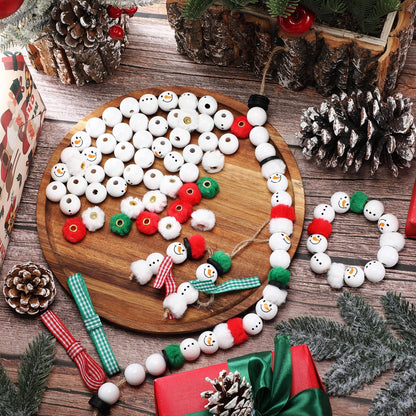 Amyhill 120 Pcs DIY Christmas Snowman Wooden Beads for Craft, Fuzzy Faux Fur Poms, Winter Wood Beads Buffalo Plaid Colorful Print with Twine, for Party Xmas Santa Tree Jewelry Home(Red Green)