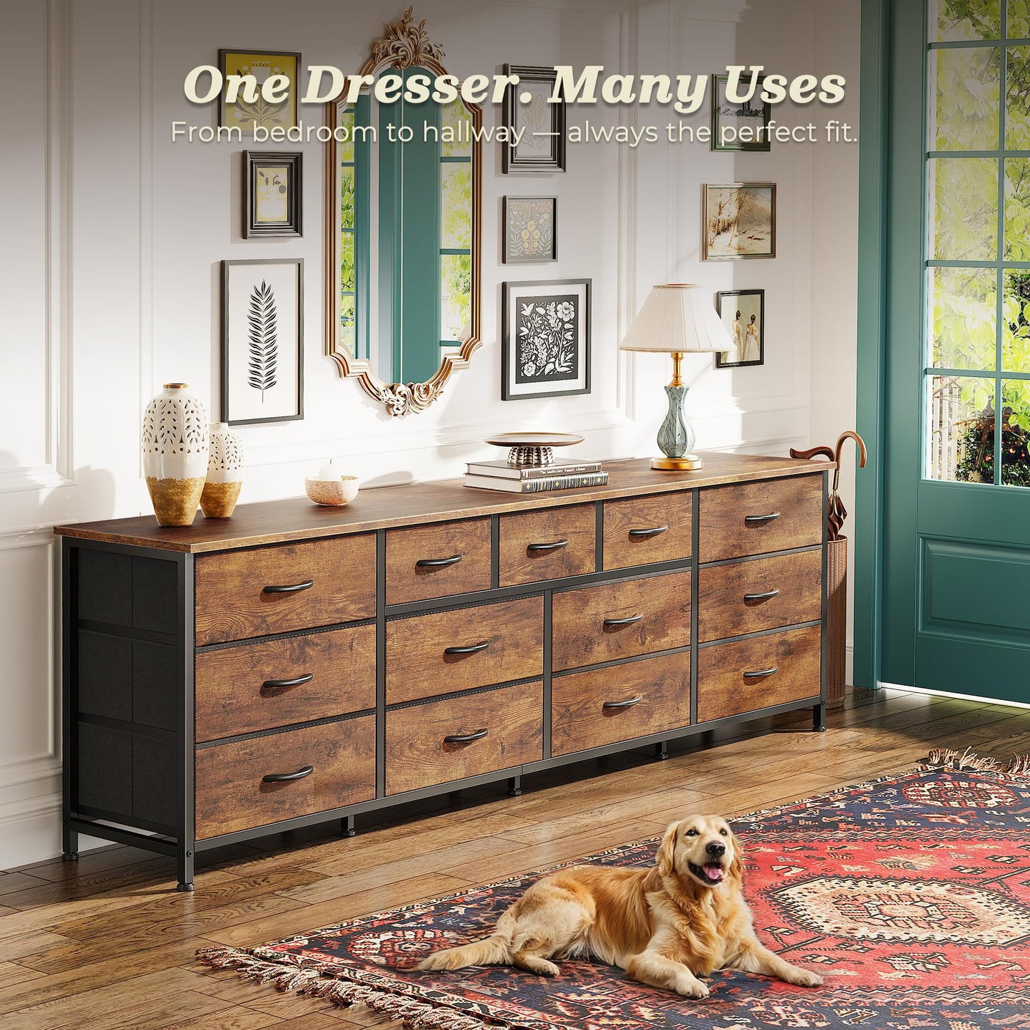 Huuger 70 Inch Dresser for Bedroom, TV Stand for 65, 75, 80 Inch TV, 13 Fabric Drawer Long Dresser, Large Entertainment Center for Bedroom, Wide Chest of Drawer with Storage, Rustic Brown