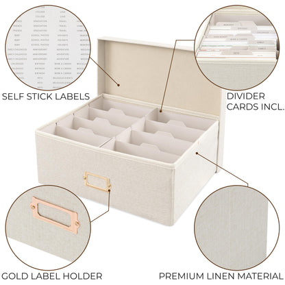 ZICOTO Decorative Photo Storage Box - Sturdy Linen Photo Organizer with Dividers is Perfect to Store up to 1700 Pictures and 4x6 Photos - Portable Scrapbook Storage Containers with Lid
