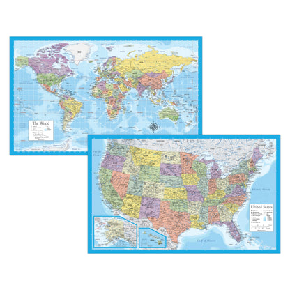 2 Pack - Laminated World Map & US Map Poster Set - Wall Chart Map of the World & United States - Made in the USA [Light Blue]