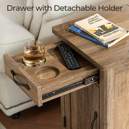 LINSY HOME End Table with Charging Station, Modern Farmhouse Wooden Side Table with Drawer, Detachable Holder, Extra Storage & Display Space, for Living Room and Bedroom, Wooden Door, Brown