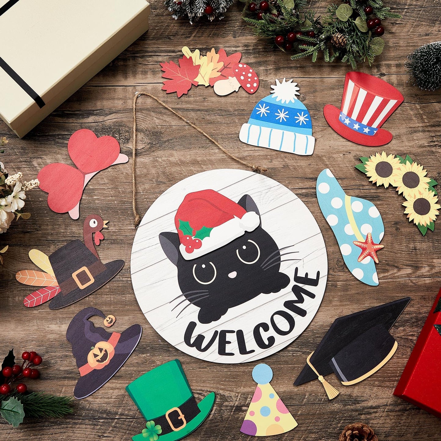 BrightRow 16 Pcs Interchangeable Welcome Sign Set for Front Door, Wooden Black Cat Welcome Sign with 15 Headwear, Farmhouse Decor for Porch, Halloween, Christmas, Housewarming Gift, Cat Lovers
