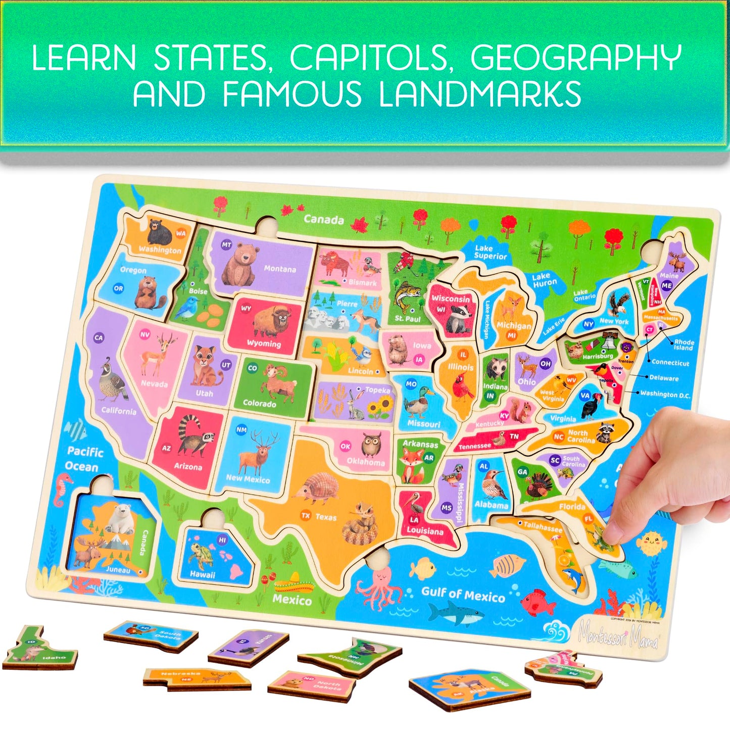 Montessori Mama USA Map Wooden Puzzle, Puzzles for Kids Ages 4-6 Educational Toys for 4 Year Old Kids Puzzles Ages 5-8 Landmarks, Animals, Capitols and States