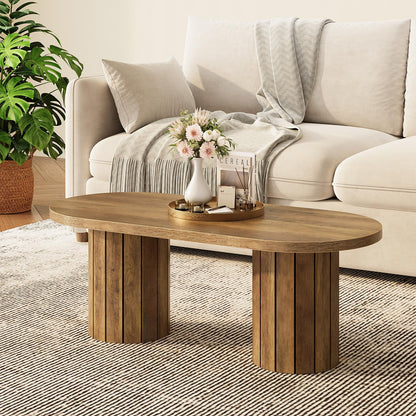 Tohomeor Oval Coffee Table, 43.3" Farmhouse Wooden Coffee Table with Fluted Legs, Mid-Century Modern Accent Center Table with for Living Room or Home Office, Retro Brown