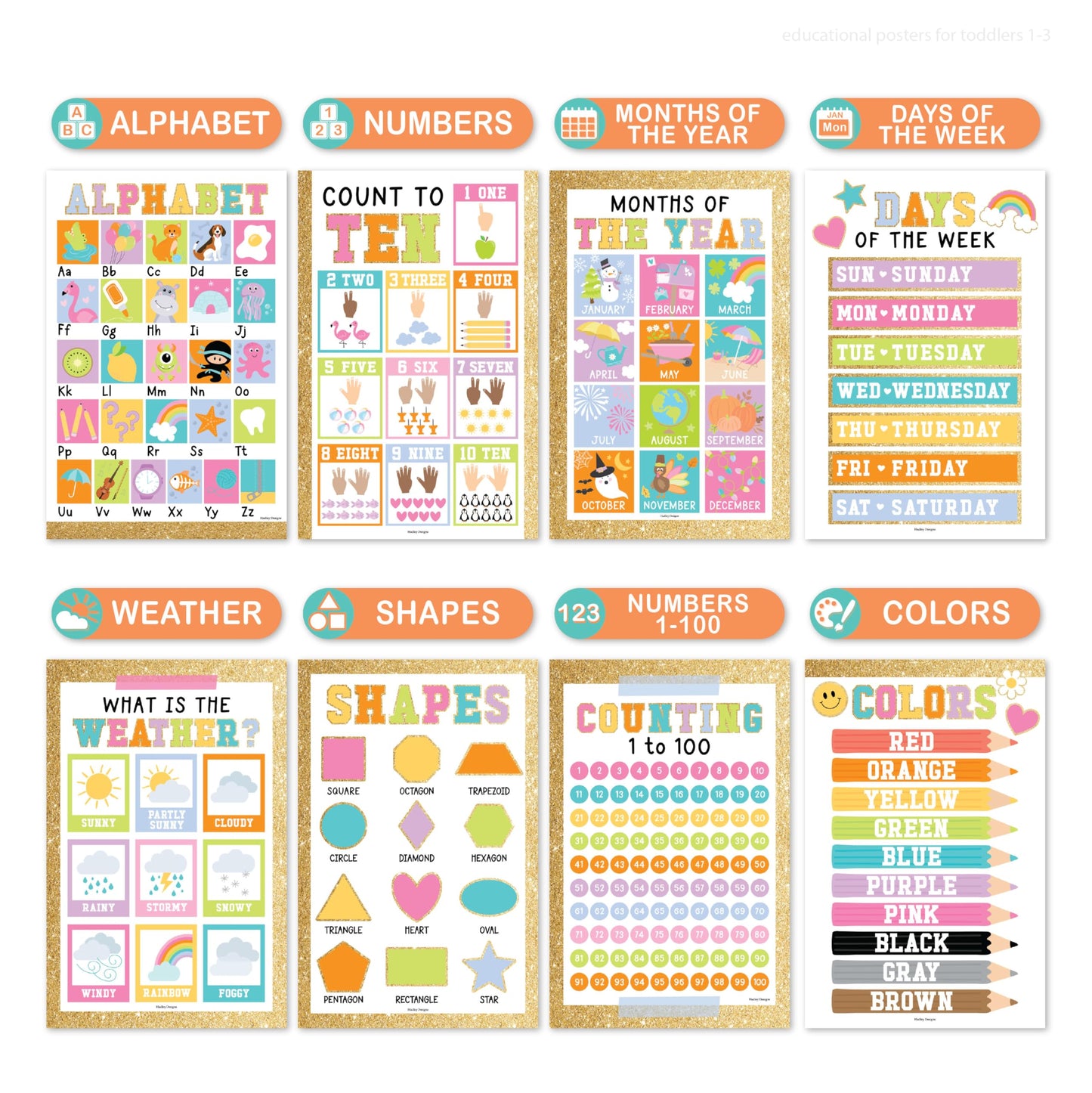 Hadley Designs 16 Educational Posters for Classroom Must Haves - Laminated Pre-K Posters for Toddler Homeschool Essentials, Toddler & Preschool Learning Activities, Kindergarten Classroom Decor