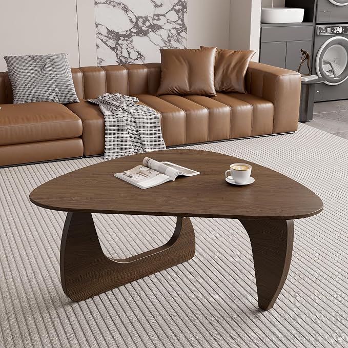 Modern Wood Coffee Table, Triangle Center Table with Premium Wooden Top& Unique Base, 35.5” Small Mid Century Tea Tables for Living Room, Apartment, Office,Walnut