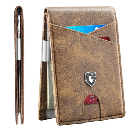 GSOIAX Slim Leather RFID Bifold Wallet for Men Minimalist Front Pocket Wallet with Money Clip,12 Card Slots,ID Window,Cool Groove Design,Includes Gift Box(Retro Brown)