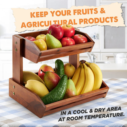 HOLANA Acacia 2 Tier Fruit Basket for Kitchen Counter Organizer – Wooden Fruit Bowl & Wooden Basket for Kitchen Counter Storage, Vegetable & Produce Storage, Snack Organizer for Countertop (Acacia)