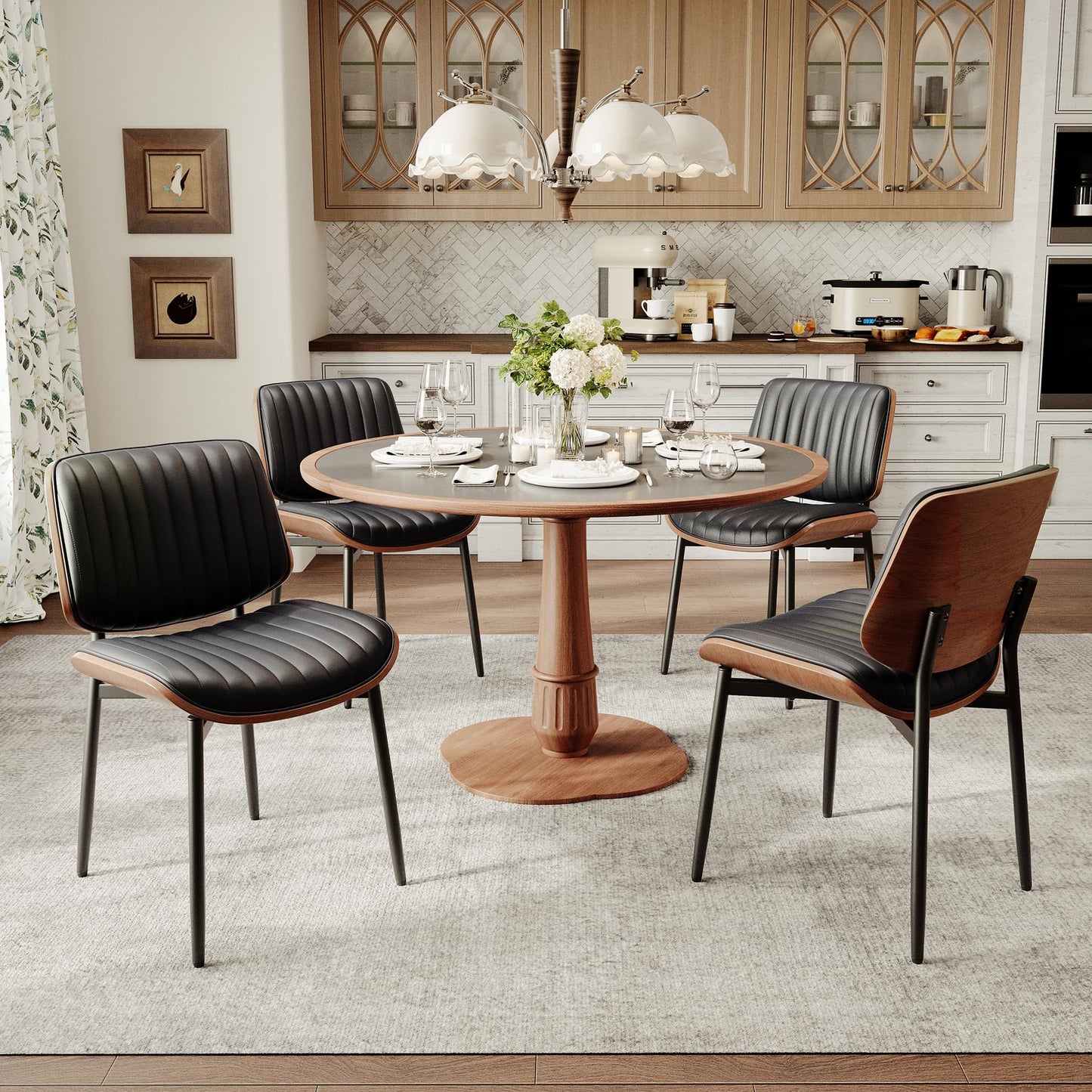 MALOL Leather Dining Chairs Set of 6, Modern Upholstered Dining Room Kitchen Chairs with Metal Legs and Wooden Back Support for Home Dining Room/Restaurant, Black