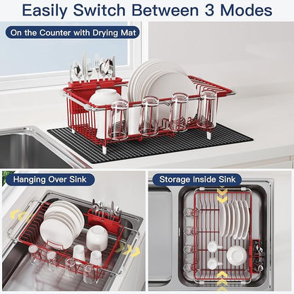 JASIWAY Red Dish Drying Rack in Sink with Mat, Expandable Stainless Steel Dish Drainers for Kitchen Counter, Space Saving Dish Dryer for Inside Sink, Over Sink Dish Racks with Utensil Holder