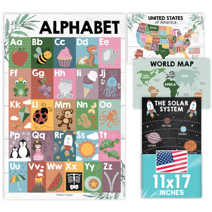 4 Alphabet, Map of United States, World Map, & Solar System Posters - Laminated ABC Charts for Toddlers Wall Decor, Farmhouse Posters for Kindergarten, Prek Classroom or Homeschool 11x17