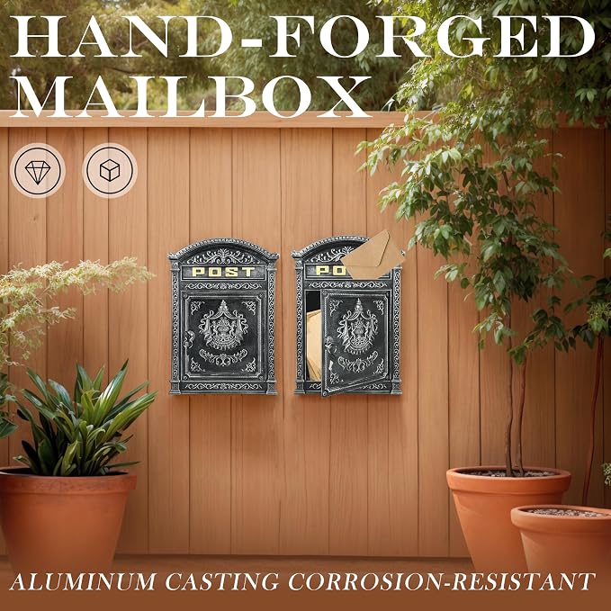 Vintage Lockable Wall Mount Mailbox, Heavy Duty Cast Aluminum Mail Box, Weatherproof Decorative Post Box for Outside, Antique Silver Finish, Large Capacity