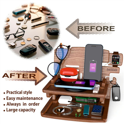MED Wood Phone Docking Station for Men – Nightstand Organizer & Charging Station for Multiple Devices – Birthday Gift for Husband Dad, Father's Day – Holds Phone, Watch, Wallet, Keys (Dark Walnut)