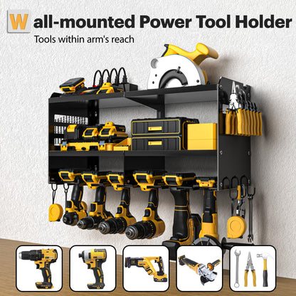 Spampur Power Tool Organizer Wall Mount with Charging Station, 3 Layer Heavy Duty Metal Tool Storage Rack Loads 4200lbs with 6 Cordless Drill Holder, Tool Storage Rack with 4 Outlet Power Strip