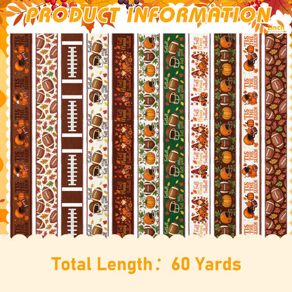 Vincreem 12 Rolls Fall Football Wired Edge Ribbon for Wreaths 2 Inch x 60 Yards Maple Leaves Pumpkin Football Print Ribbon Crafts for Thanksgiving Harvest Party Decorative Supplies, 12 Styles
